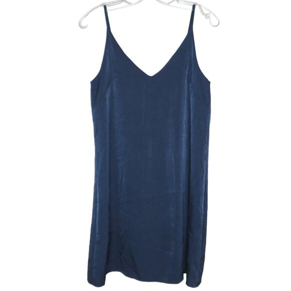 Aqua Satin Tunic Mini Dress, V-Neck Flowy Spaghetti Straps, Party Navy Blue XS - Picture 1 of 7